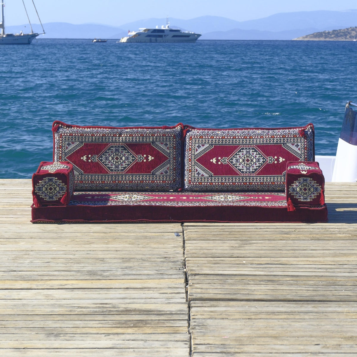 Burgundy Arabic Majlis floor sofa kilim seating, view 8
