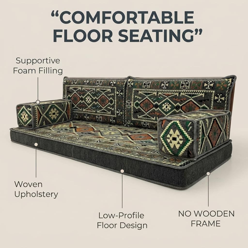 Grey Arabic Majlis floor sofa kilim seating, view 5