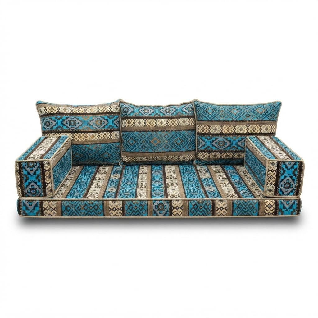 Turquoise Arabic Majlis floor sofa kilim seating, view 1