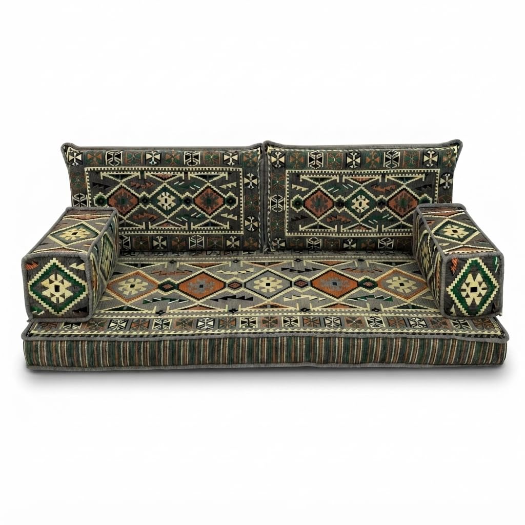 Grey Arabic Majlis floor sofa kilim seating, view 1