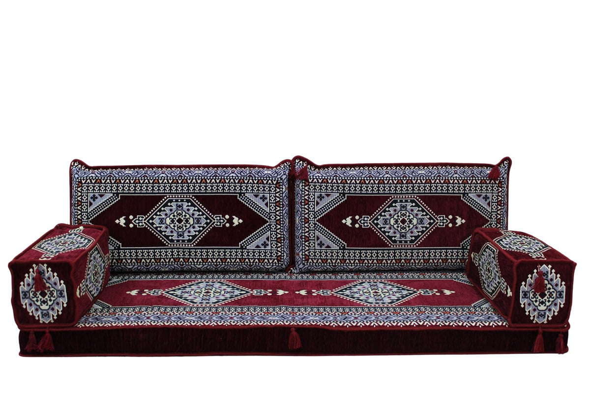 Burgundy Arabic Majlis floor sofa kilim seating, view 1