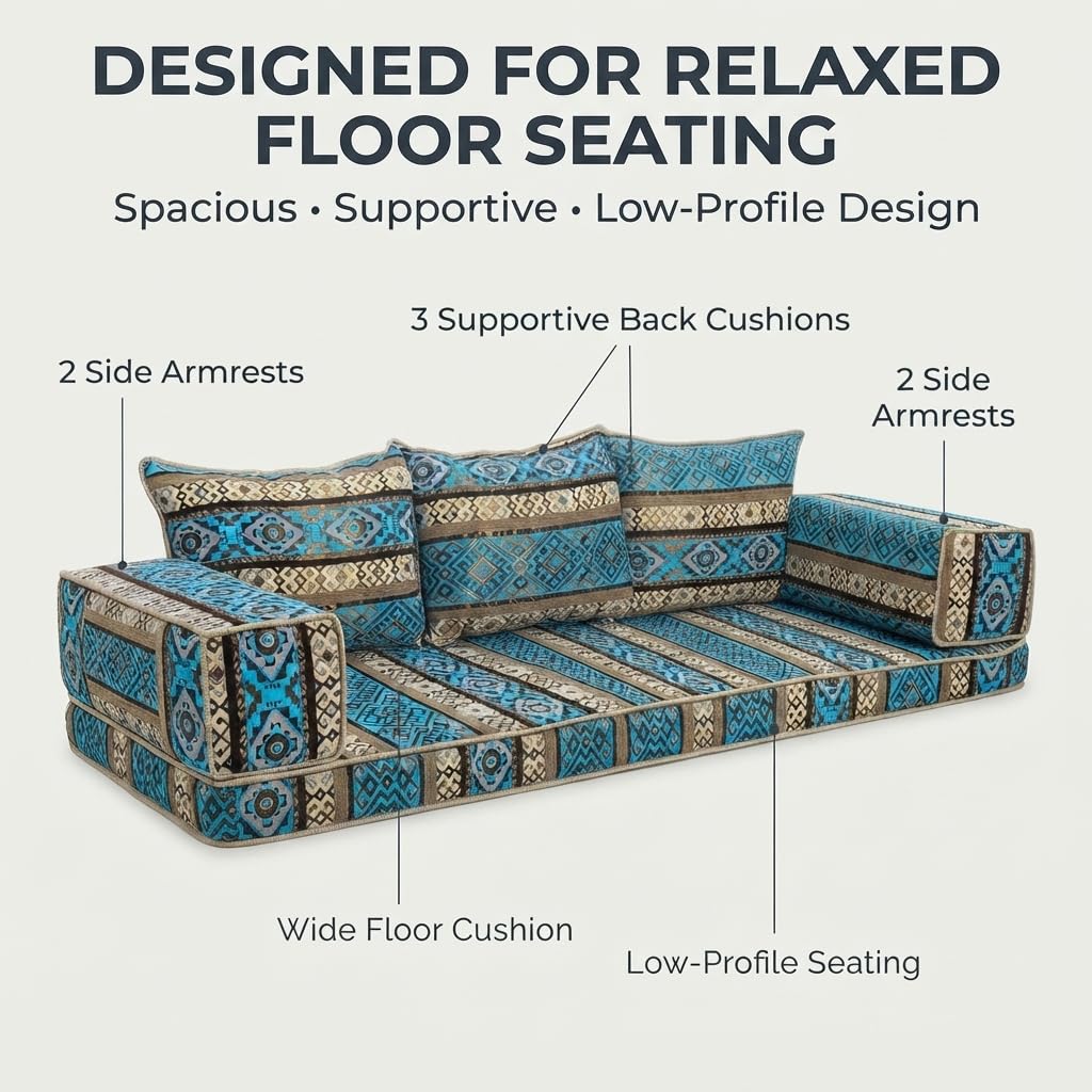 Turquoise Arabic Majlis floor sofa kilim seating, view 6