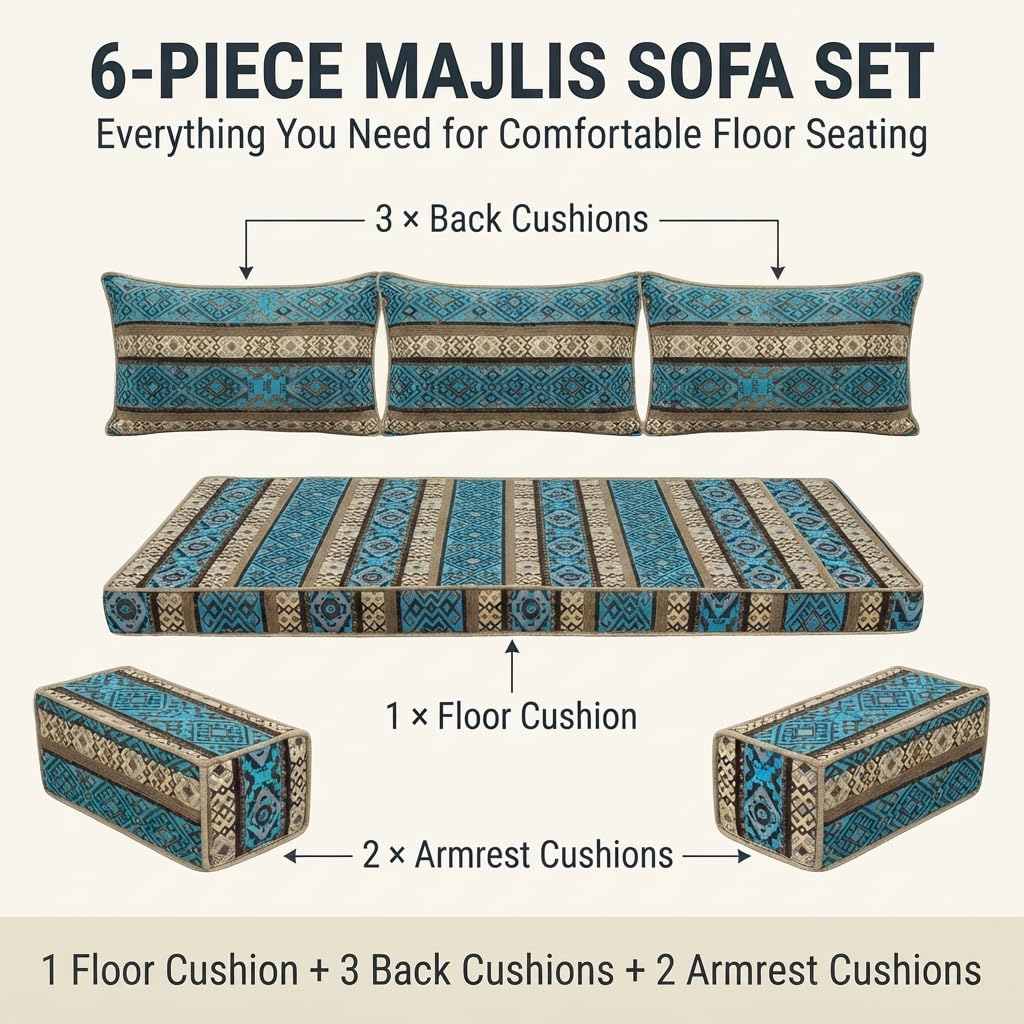 Turquoise Arabic Majlis floor sofa kilim seating, view 3