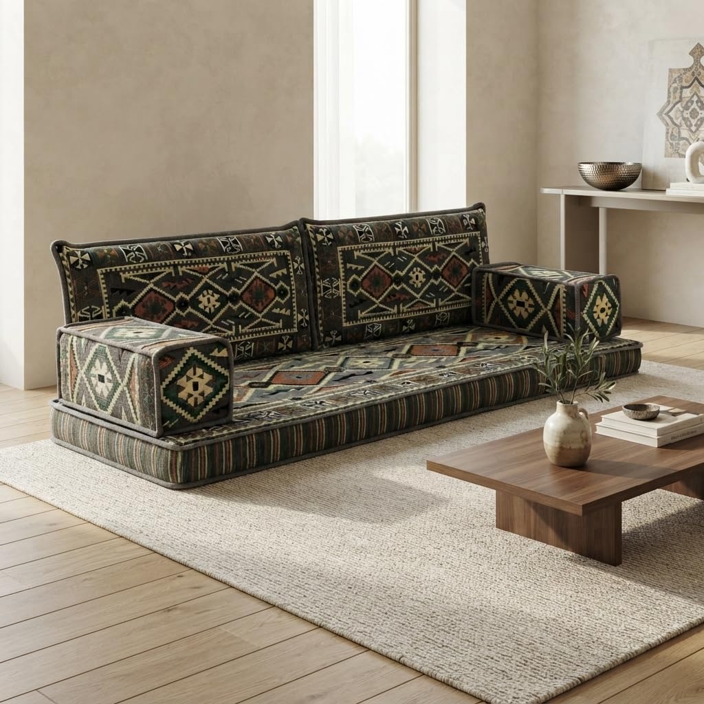 Grey Arabic Majlis floor sofa kilim seating, view 2