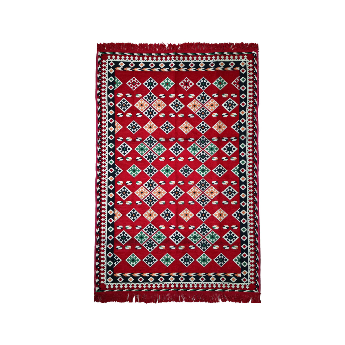 Mystical Anatolia 4 × 6 ft kilim rug – Lattice/Red pattern