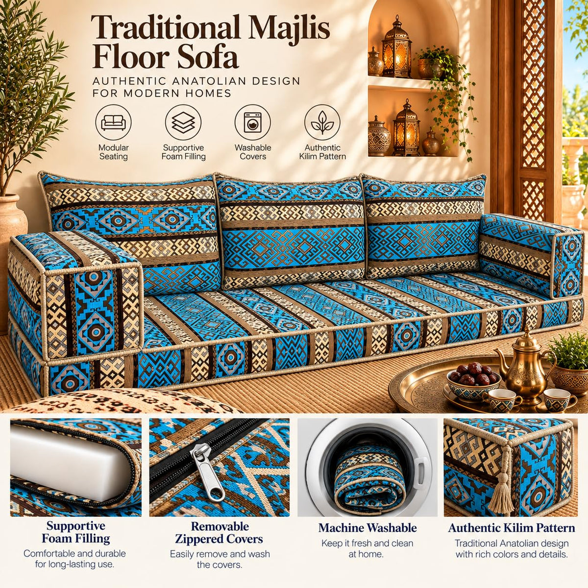 Turquoise Arabic Majlis floor sofa kilim seating, view 2