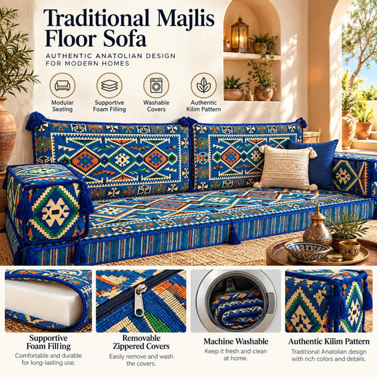 Blue Arabic Majlis 5-piece floor sofa, product view 2