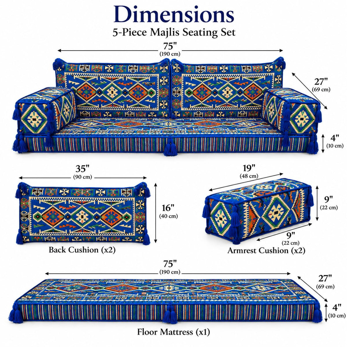 Blue Arabic Majlis 5-piece floor sofa, product view 4