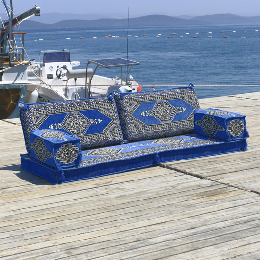 Blue Arabic Majlis floor sofa kilim seating, view 2