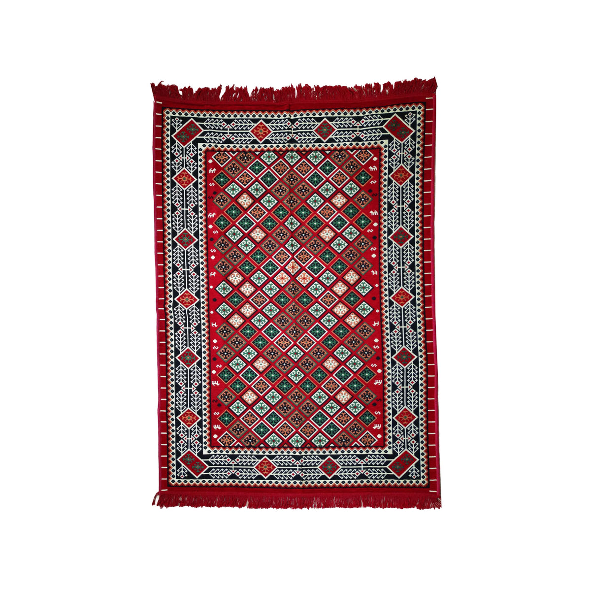 Mystical Anatolia 4 × 6 ft kilim rug – Trellis/Red pattern