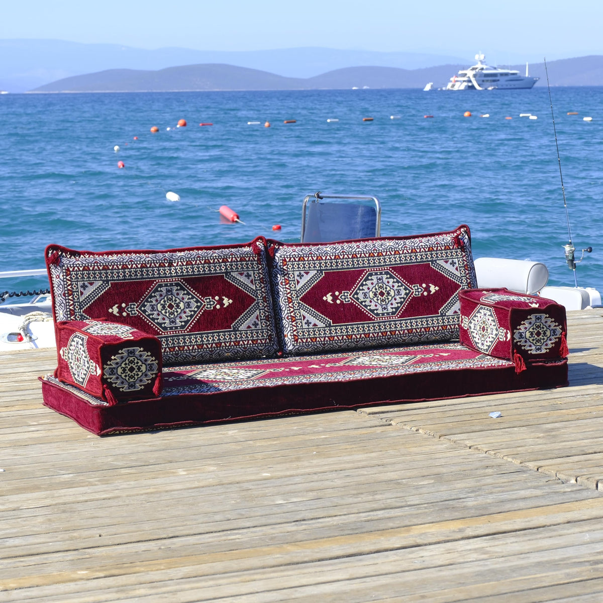 Burgundy Arabic Majlis floor sofa kilim seating, view 4