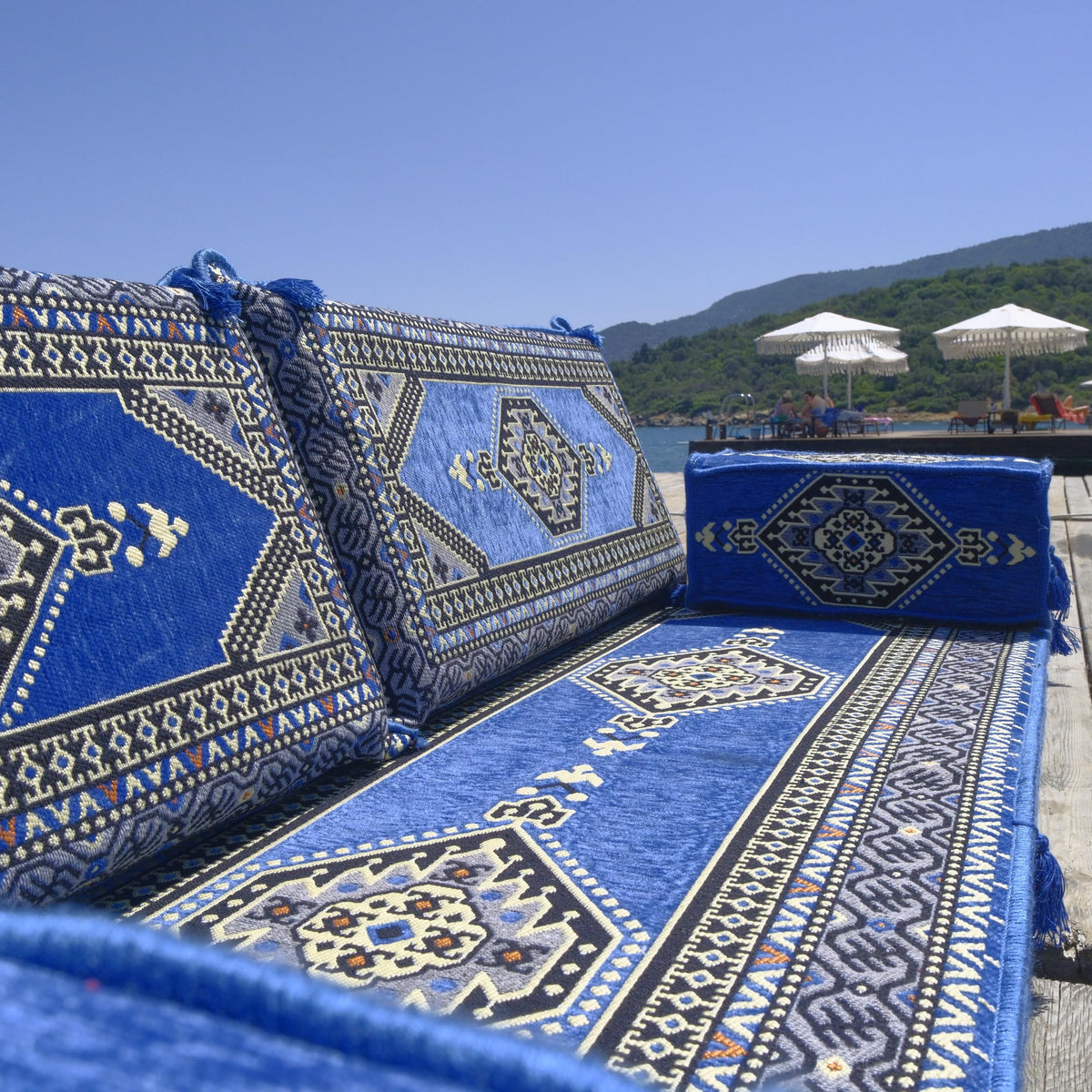 Blue Arabic Majlis floor sofa kilim seating, view 6