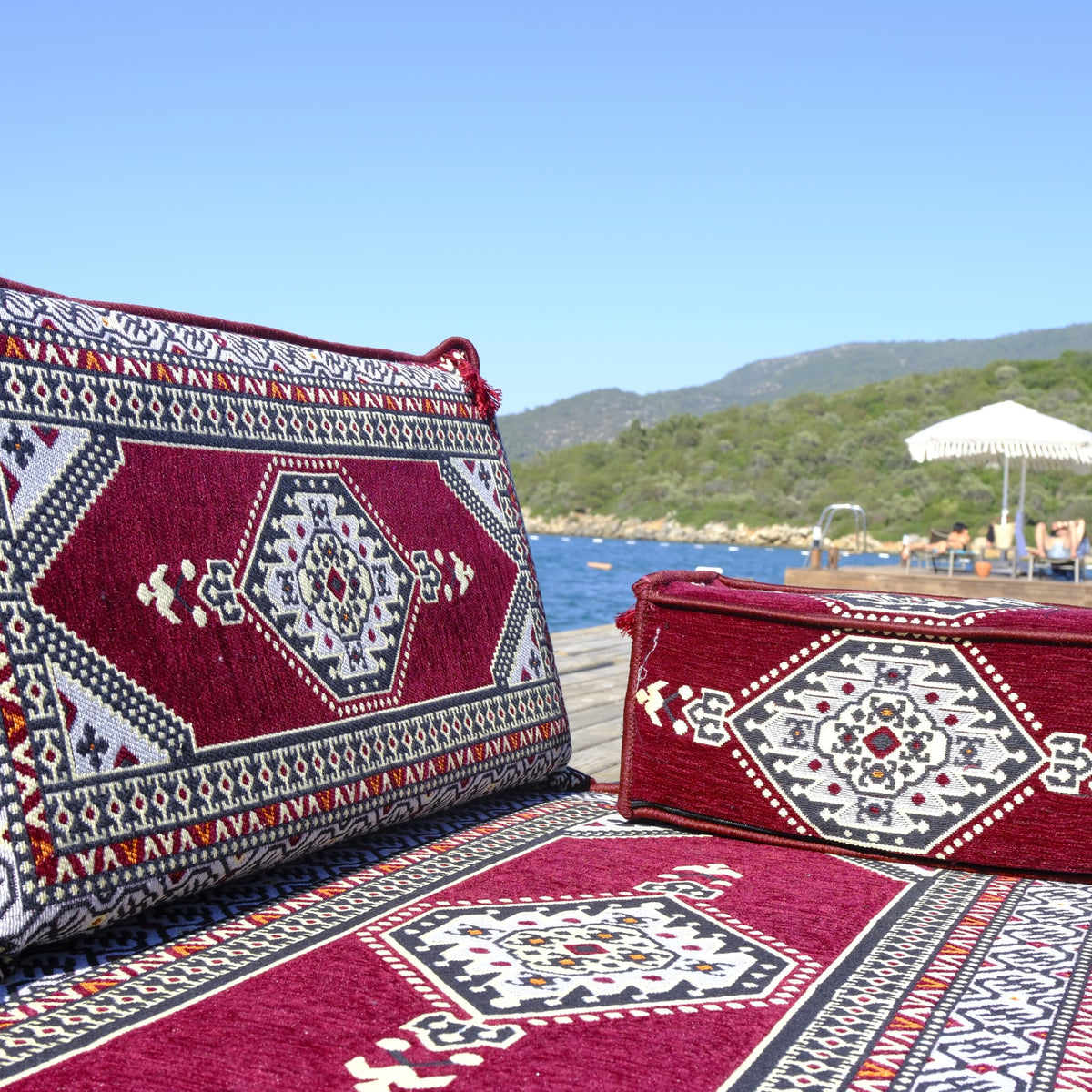 Burgundy Arabic Majlis floor sofa kilim seating, view 6