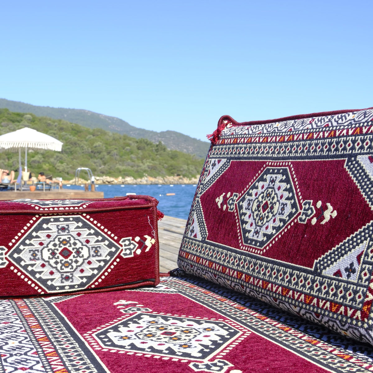 Burgundy Arabic Majlis floor sofa kilim seating, view 7
