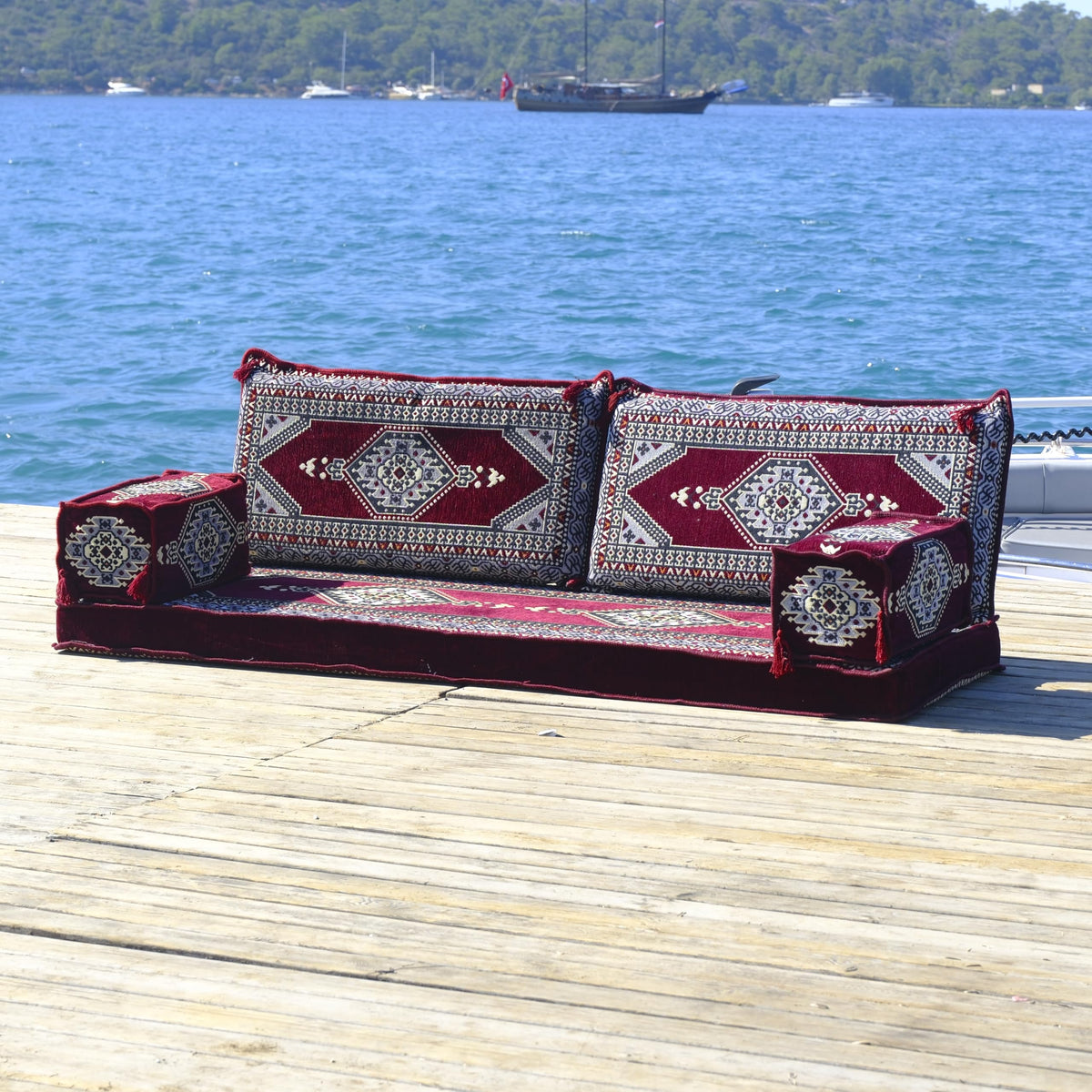 Burgundy Arabic Majlis floor sofa kilim seating, view 5