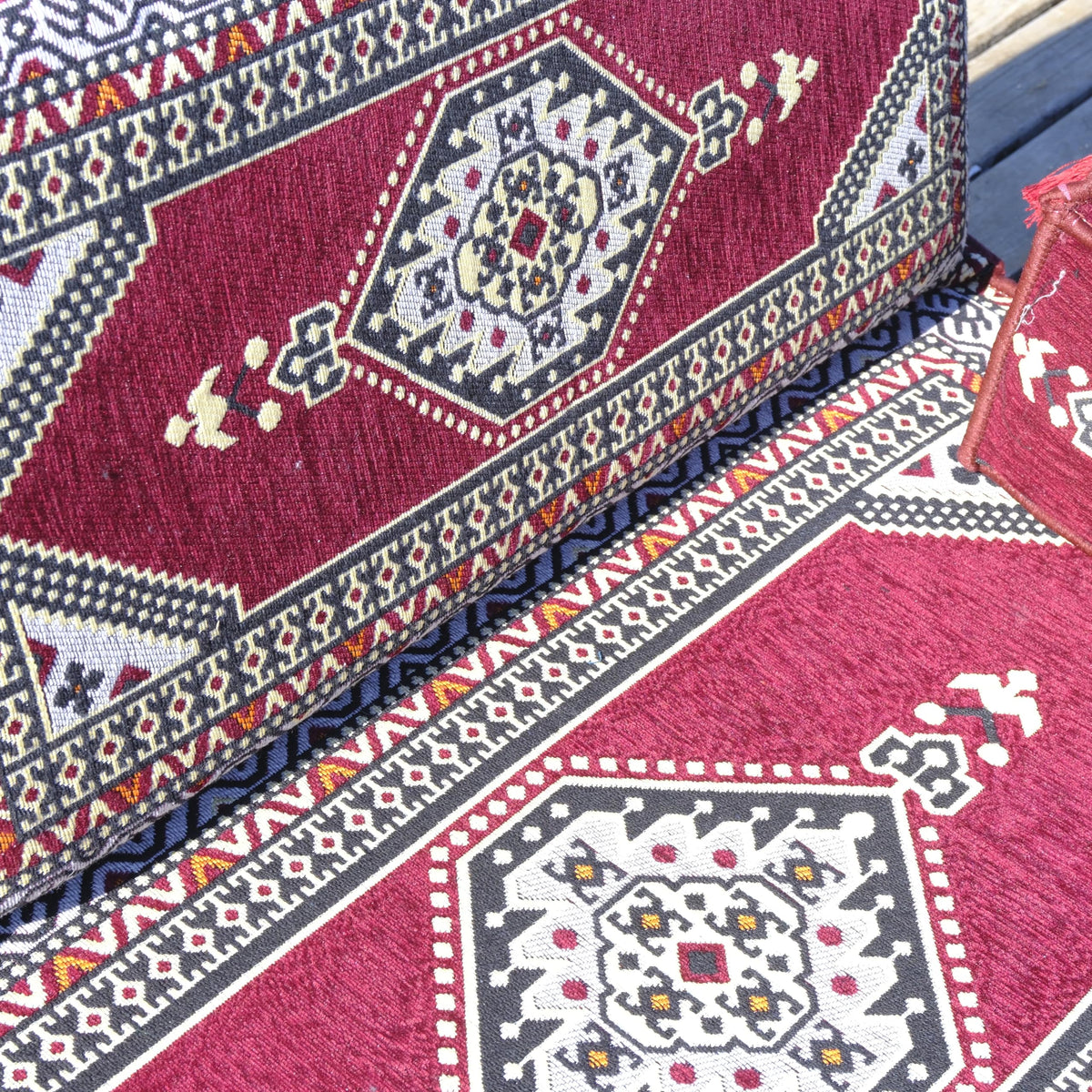 Burgundy Arabic Majlis floor sofa kilim seating, view 3